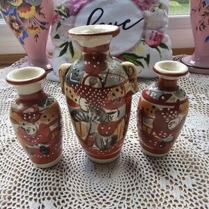 Vintage Japanese Set Of 3 Mini Vases Used